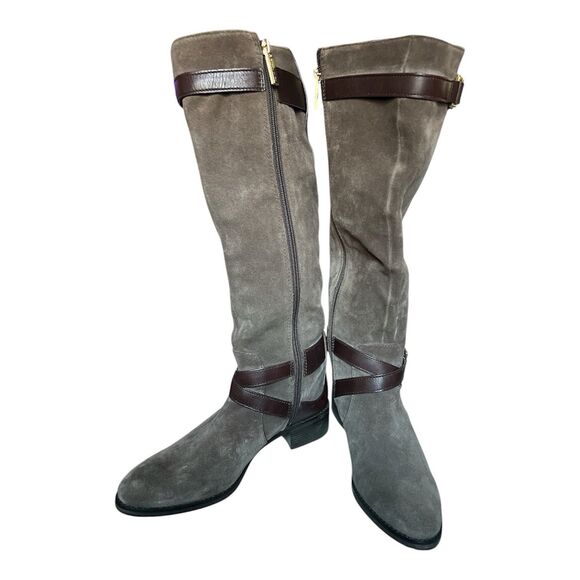 LOUISE ET CIE Suede Boots Womens 8M Zip Up Flat Tall Brown Leather Trim Riding - Picture 2 of 13